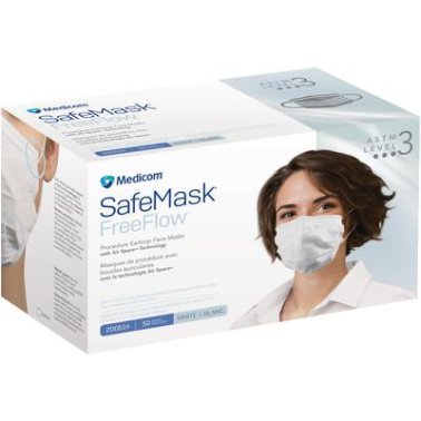 SafeMask FreeFlow Procedure Earloop Face Masks, Level 3, White