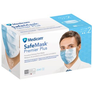 SafeMask Premier Plus Procedure Earloop Masks - Level 2, Adjustable Nosepiece, Blue