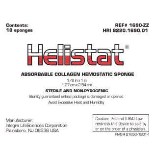 Helistat Collagen Hemostatic Sponge, 1/2" x 1", 18/box